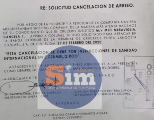 Cozumel | Capitanía de Puerto canceló el arribo del Crucero MSC Meraviglia por traer enfermo con posible caso de coronavirus