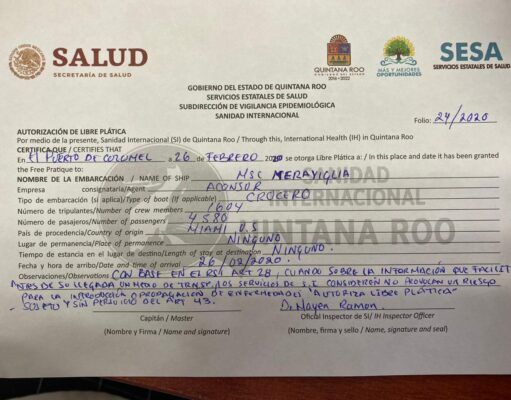 MSC Meraviglia sí arribará a Cozumel, tiene la autorización de la Secretaría de Salud y la Agencia Consignataria del Sureste
