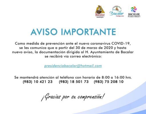 Bacalar | Informa el Gobierno municipal que toda documentación dirigida al Ayuntamiento se recibirá vía correo electrónico