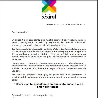 Turismo | En vista de la información sanitaria oficial, la reapertura de Parque y Hotel será el 15 de junio: Grupo Xcaret