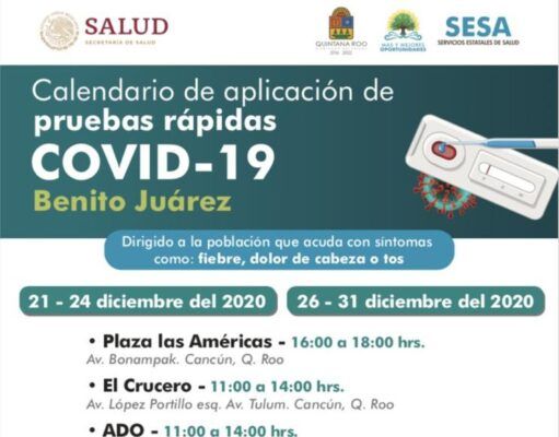 Inicia mañana la aplicación de pruebas rápidas de COVID-19 en Cancún