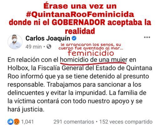 Corrige movimiento feminista al Gobernador por feminicidio en Holbox