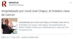 Hospitalizan por covid al hotelero José Chapur