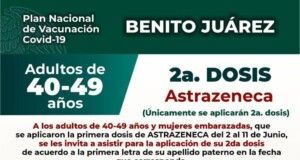 Continúa vacunación a los ciudadanos de 40 a 49, segunda dosis AstraZéneca