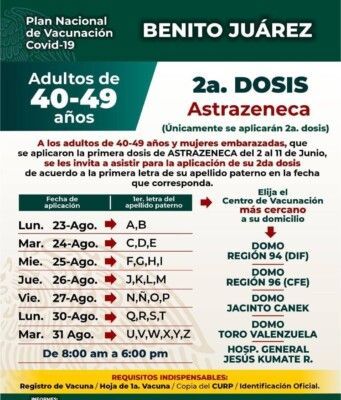 Continúa vacunación a los ciudadanos de 40 a 49, segunda dosis AstraZéneca