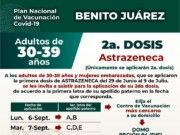 El lunes inicia la aplicación de segunda dosis de AstraZeneca para personas de 30 a 39 años