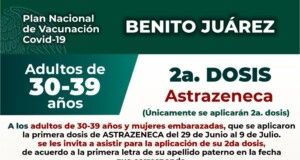 El lunes inicia la aplicación de segunda dosis de AstraZeneca para personas de 30 a 39 años
