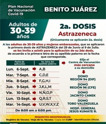 El lunes inicia la aplicación de segunda dosis de AstraZeneca para personas de 30 a 39 años