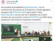 Asiste Carlos Joaquín como invitado a conferencia mañanera de AMLO en Campeche