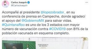 Asiste Carlos Joaquín como invitado a conferencia mañanera de AMLO en Campeche