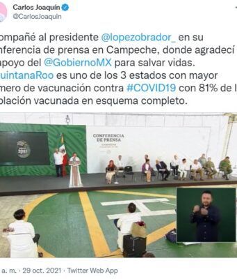 Asiste Carlos Joaquín como invitado a conferencia mañanera de AMLO en Campeche