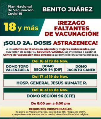 Mañana inicia jornada de vacunación para segunda dosis a rezagados
