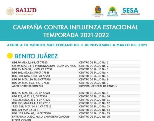 Continúa campaña de vacunación contra en Influenza en Quintana Roo