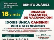 En breve iniciará vacunación con dosis única, para rezagados de 18 años y más