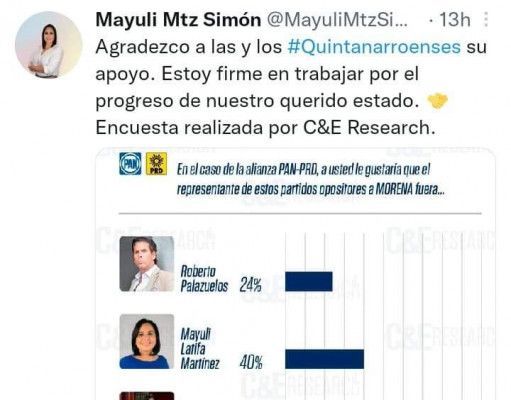 Publica Mayuli Martínez encuesta que la pone arriba de Palazuelos y LF en alianza PAN-PRD