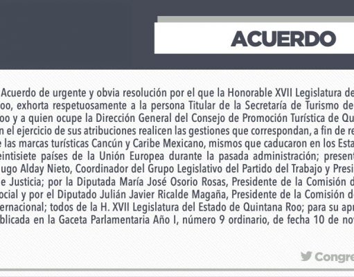 Exhorta XVII Legislatura recuperar marcas turísticas «Cancún» y «Caribe Mexicano»