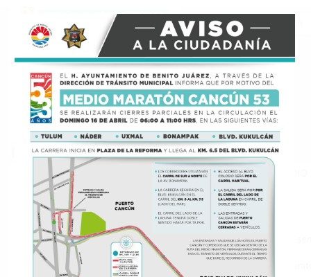 Anuncian cierre parcial de vialidades por «Medio Maratón Cancún 53»