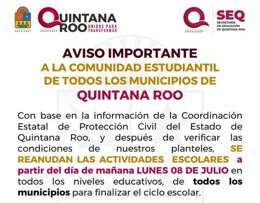 Informa del regreso a clases en Quintana Roo tras el paso del huracán «Beryl»