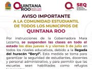 Suspenden clases en QRoo ante la llegada de «Beryl»
