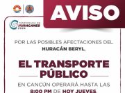 Hasta las 8 pm habrá transporte público en Cancún por el huracán “Beryl”