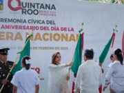 Abandera Mara Lezama a escoltas de 26 escuelas de Quintana Roo, en actividad simultánea con Claudia Sheinbaum
