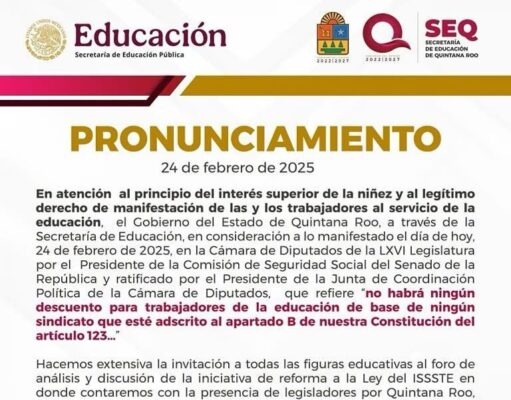 Desmiente gobierno de QRoo descuentos a maestros por protestas contra la reforma a la Ley del ISSSTE